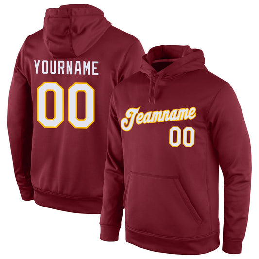 Custom Burgundy White-Gold Sports  Personalized Pullover Hoodie Team Name Number