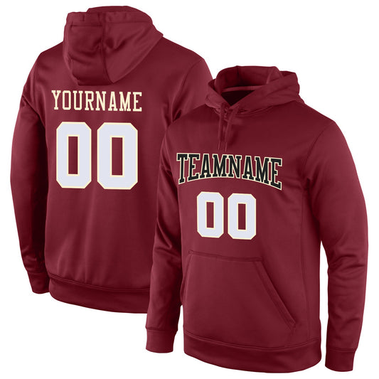 Custom Burgundy White-Cream Sports  Personalized Pullover Hoodie Team Name Number