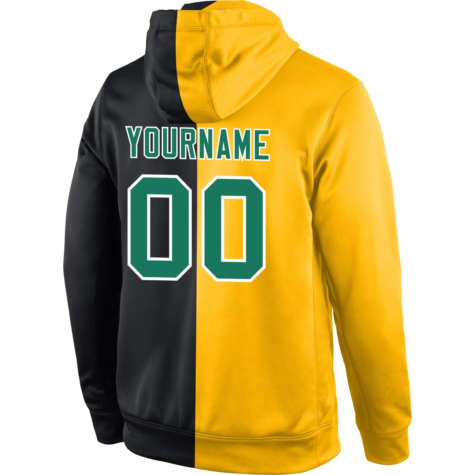 Custom Gold Kelly Green-Black Split Fashion Sports  Personalized Pullover Hoodie Team Name Number