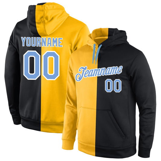 Custom Gold Light Blue-Black Split Fashion Sports  Personalized Pullover Hoodie Team Name Number
