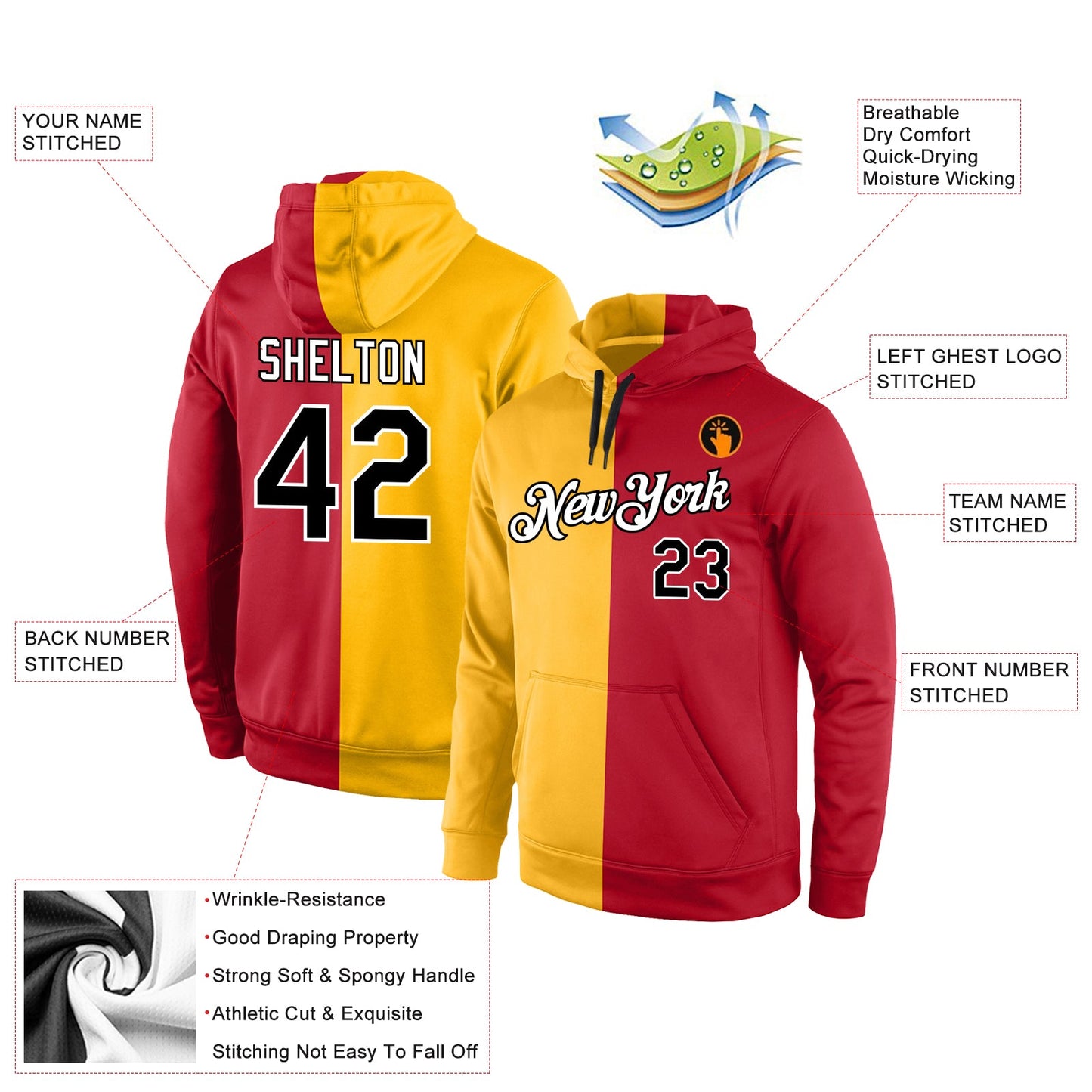 Custom Gold Black-Red Split Fashion Sports  Personalized Pullover Hoodie Team Name Number