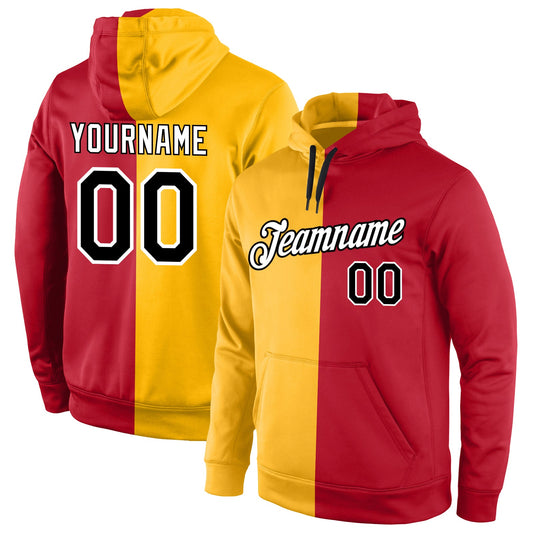 Custom Gold Black-Red Split Fashion Sports  Personalized Pullover Hoodie Team Name Number