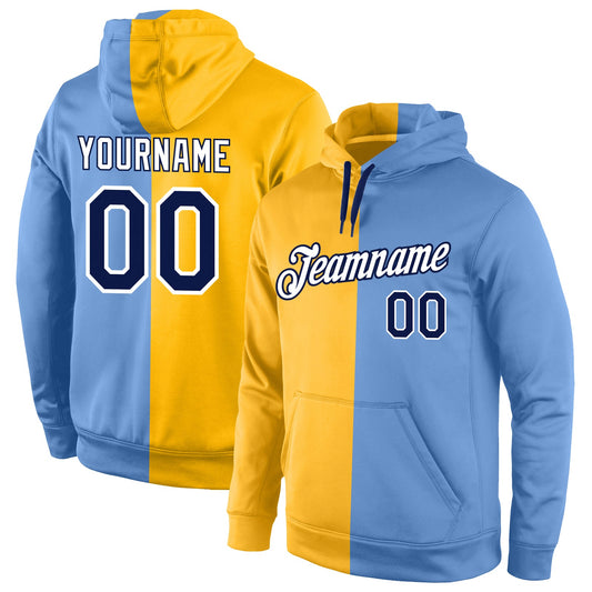 Custom Gold Navy-Light Blue Split Fashion Sports  Personalized Pullover Hoodie Team Name Number
