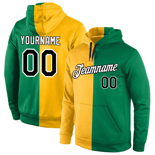 Custom Gold Black-Kelly Green Split Fashion Sports  Personalized Pullover Hoodie Team Name Number
