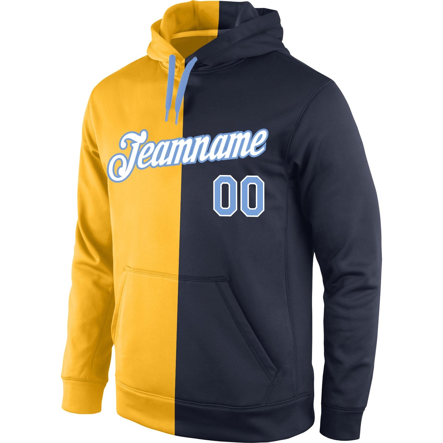 Custom Gold Light Blue-Navy Split Fashion Sports  Personalized Pullover Hoodie Team Name Number