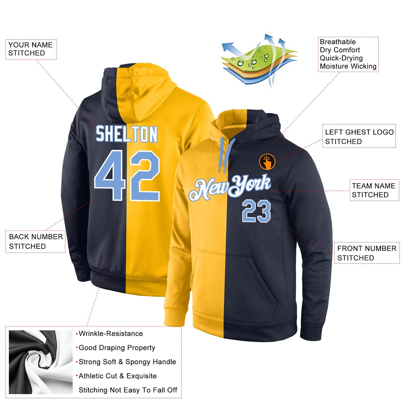 Custom Gold Light Blue-Navy Split Fashion Sports  Personalized Pullover Hoodie Team Name Number